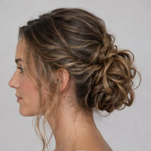 Messy Chignon — Hair is gathered up or back; compare crown volume, placement and loose face-framing pieces.