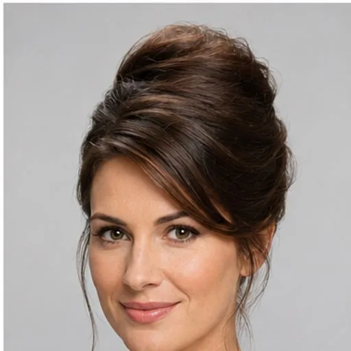 French Twist Updo — Hair is gathered up or back; compare crown volume, placement and loose face-framing pieces.