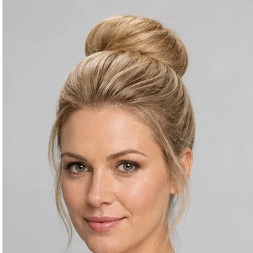 Ballerina Bun — Hair is gathered up or back; compare crown volume, placement and loose face-framing pieces.